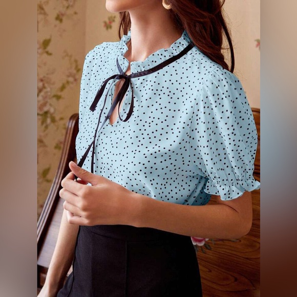 Polka Dot Print Tie Neck Puff Sleeve Ruffle Blouse - Light Blue - Picture 2 of 9